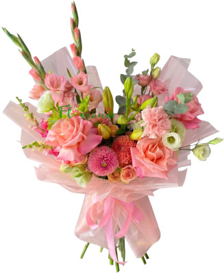 Авторский букет с розовыми розами, георгинами и гладиолусами «Дыхание юности»